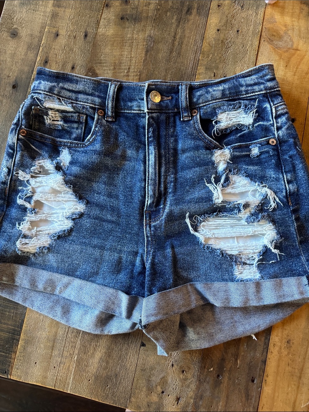 American Eagle Outfitters Distressed Dark Blue High-Rise Jean Shorts